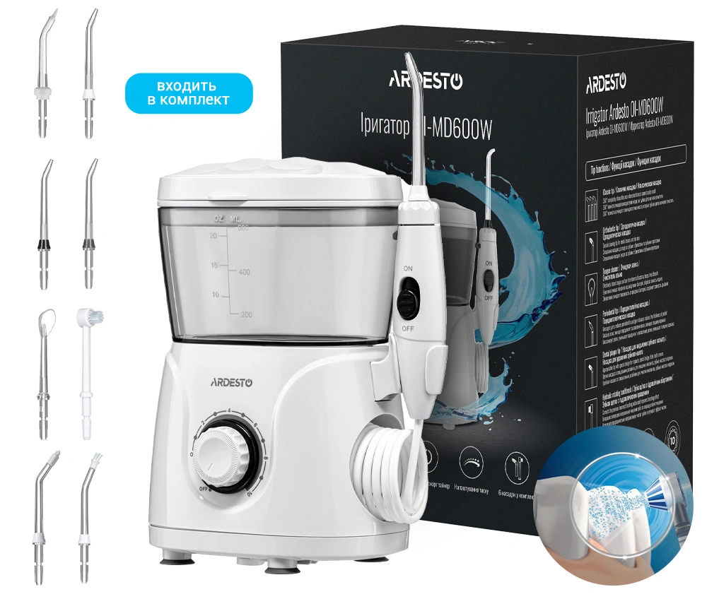 Ирригатор стационарный Ardesto OI-MD600W 600мл 8насадок Ирригатор стационарный Ardesto OI-MD600W 600мл 8насадок